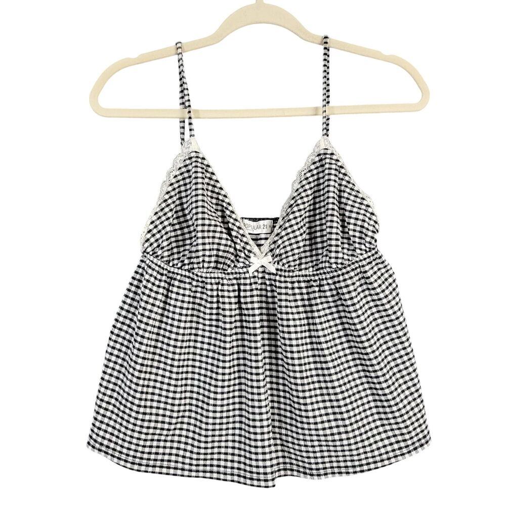 Black White Seersucker Gingham Lace Trim Coquette Babydoll Cami Top SIZE MEDIUM